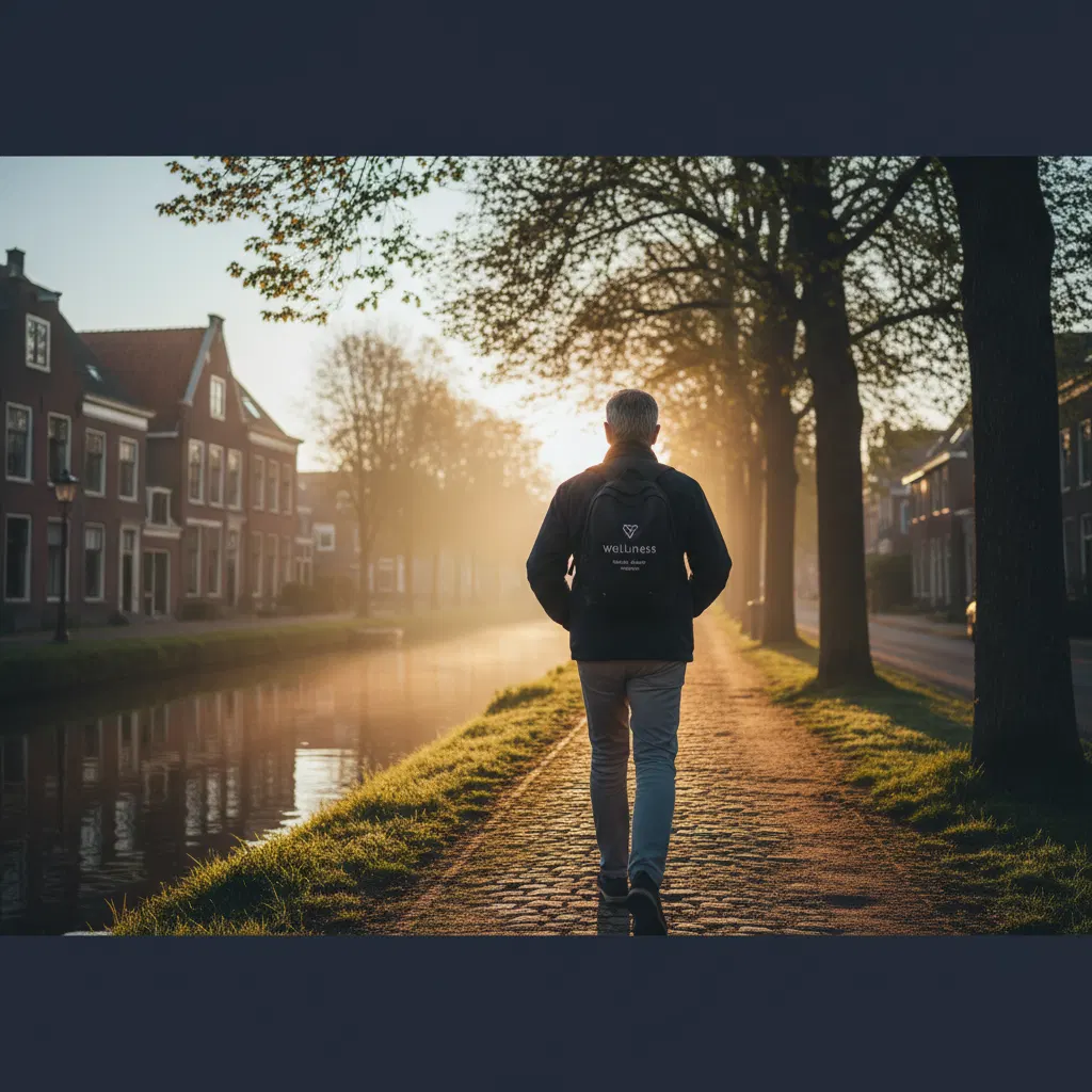 Anonieme man van achteren actief wandelend langs Hollands kanaal - mannelijke vitaliteit na 50 jaar